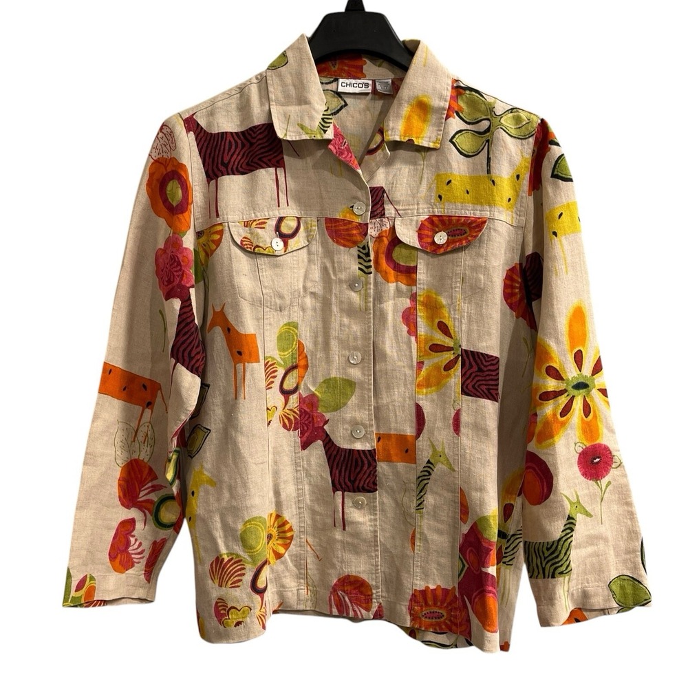 Chicos Shirt Jacket Womens 2 M Beige Linen Floral Safari Animals Artsy Shacket